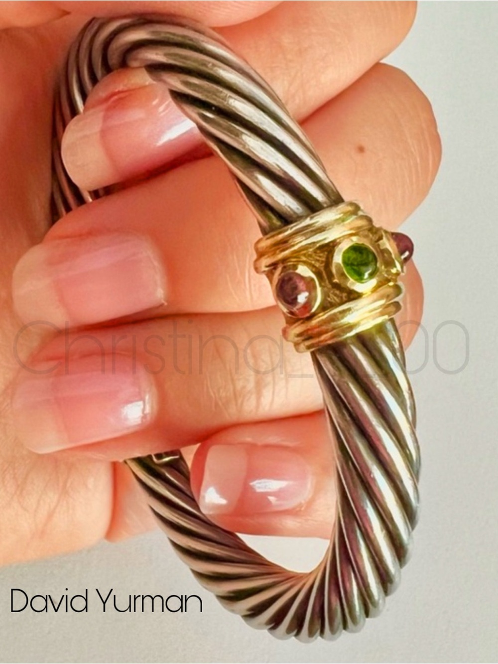 14k David Yurman renaissance 7mm cable cuff tourmaline gold green pink/purple